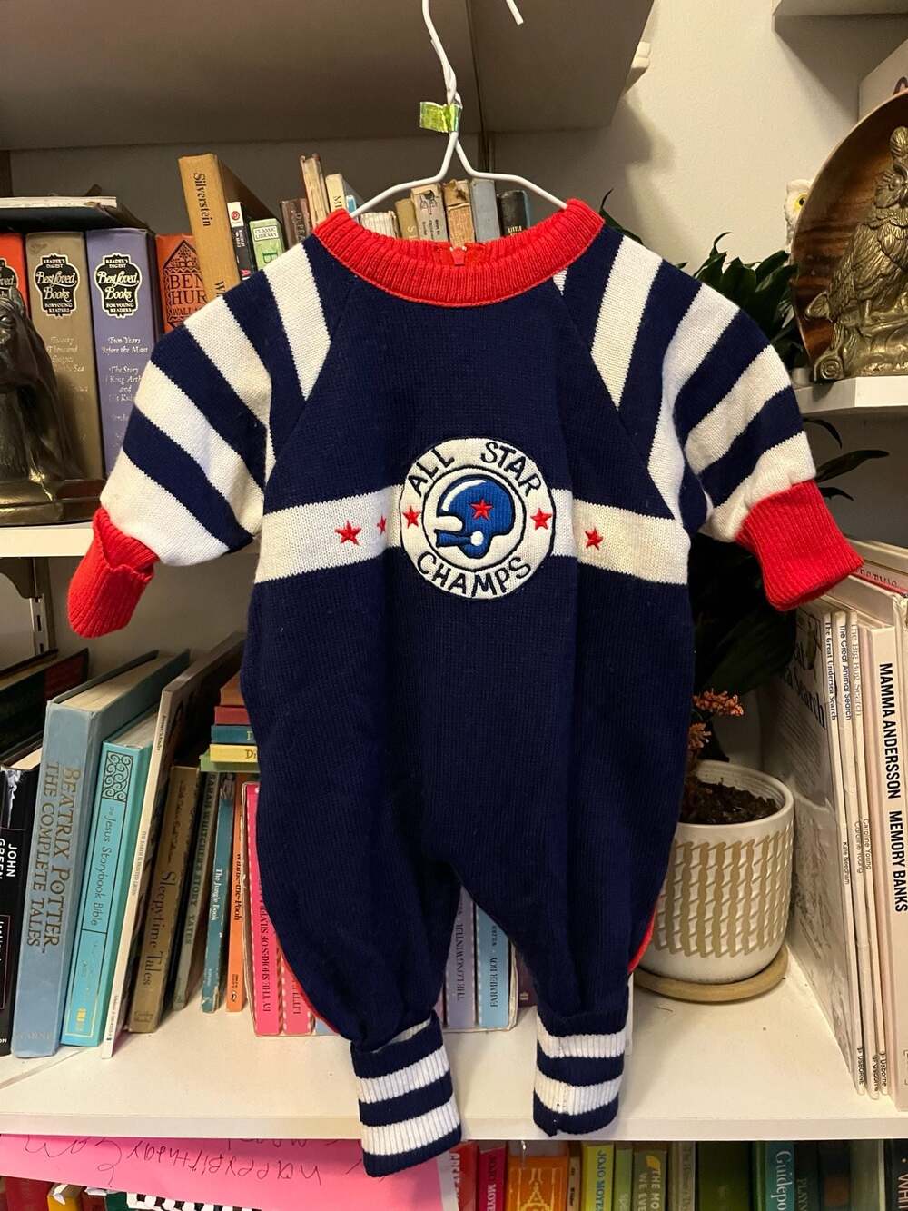 Vintage All Star Champs Football Theme Knit Romper One Piece Blue Red Striped